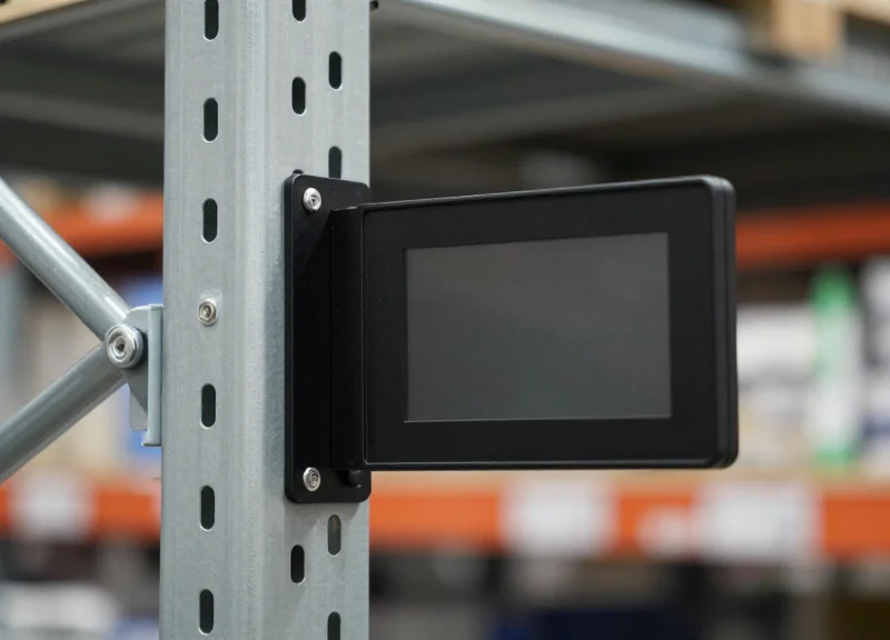 An electronic price tag securely attached to a metal shelf in a busy retail environment.