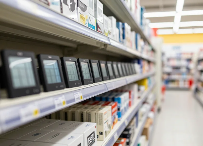 A clean, professional perspective shot of a modern retail store shelf filled with various products, featuring numerous electronic shelf labels (ESL) mounted on the shelf edges under bright store lighting.