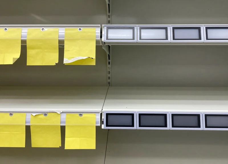 Comparison between traditional messy paper price tags and modern clean segmented digital labels on retail shelves.