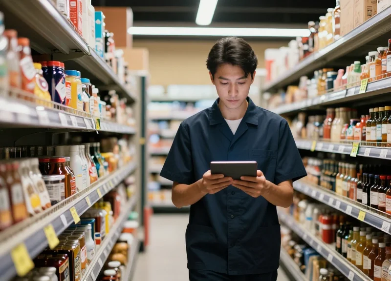 A retail store employee efficiently managing shelf prices using a digital system.