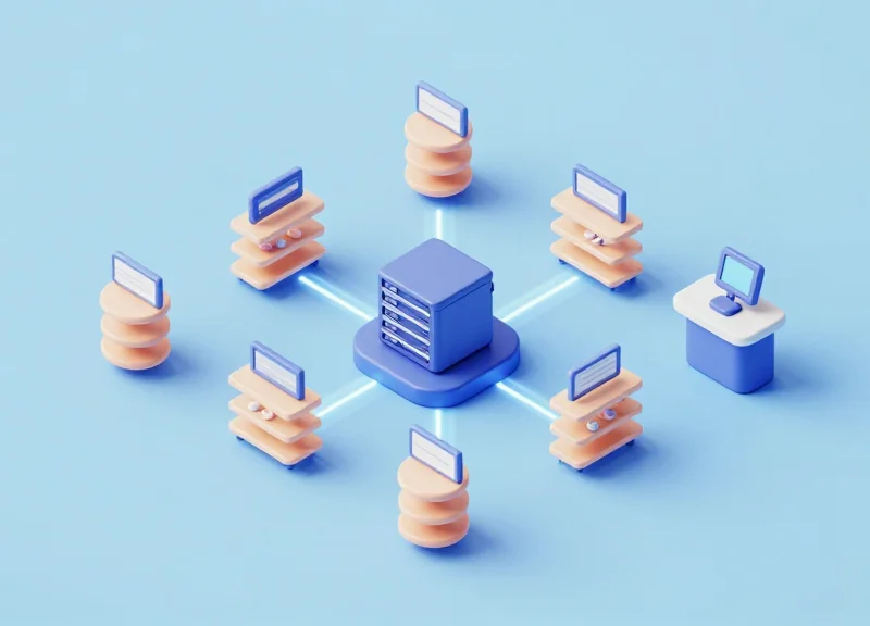 3D isometric model showing the integration between ESL labels and the store's POS system.
