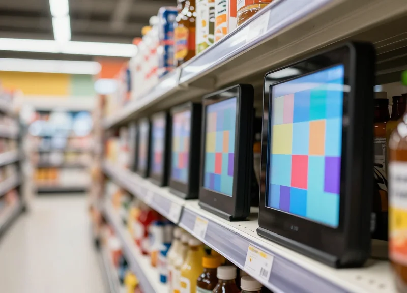 A close-up of modern electronic shelf labels attached to a clean retail shelf in a brightly lit, high-end supermarket aisle.