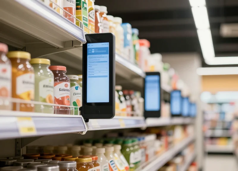 A modern supermarket aisle with digital electronic shelf labels on clean white shelves.