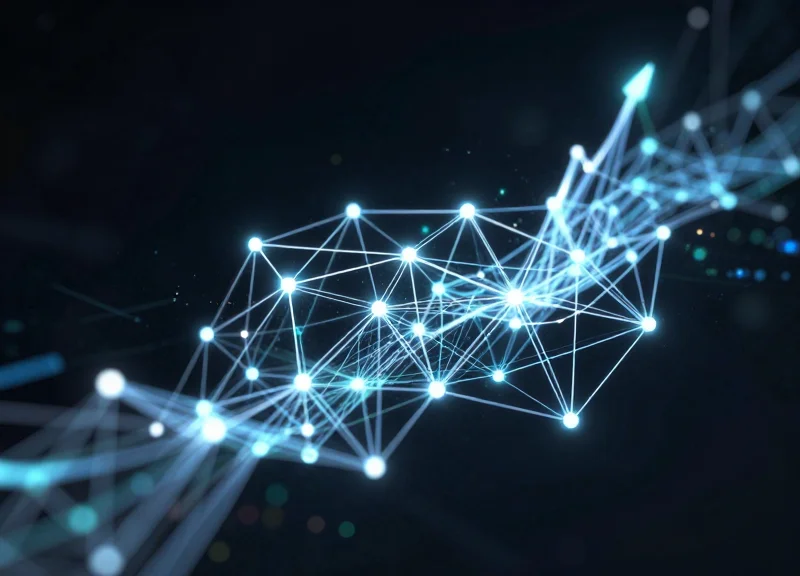 Abstract visualization of glowing data streams flowing between interconnected digital nodes.