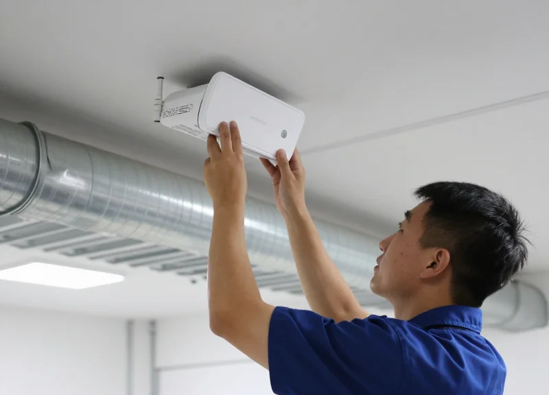 A professional technician installing a wireless base station on an industrial ceiling.