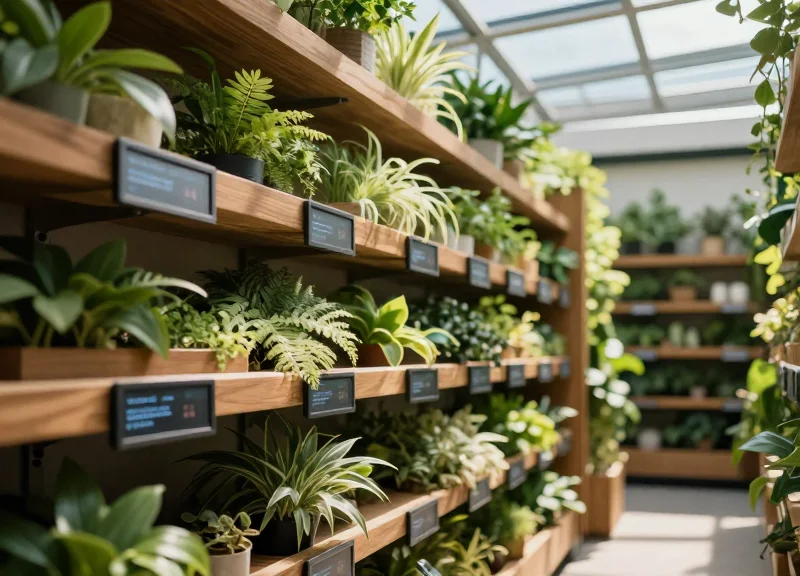 A modern eco-friendly retail store with sustainable wooden shelving and integrated greenery, illuminated by soft natural light.