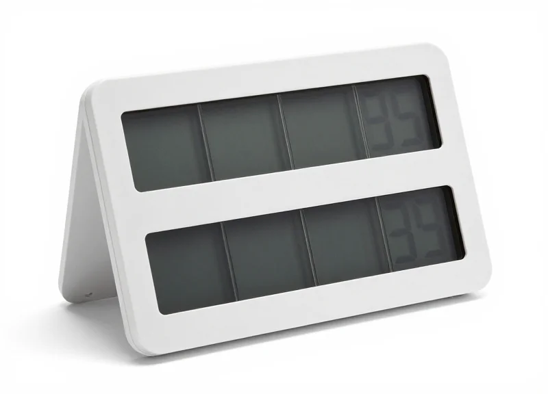 Close-up of a sleek segmented electronic shelf label showing liquid crystal segments on a clean white background.