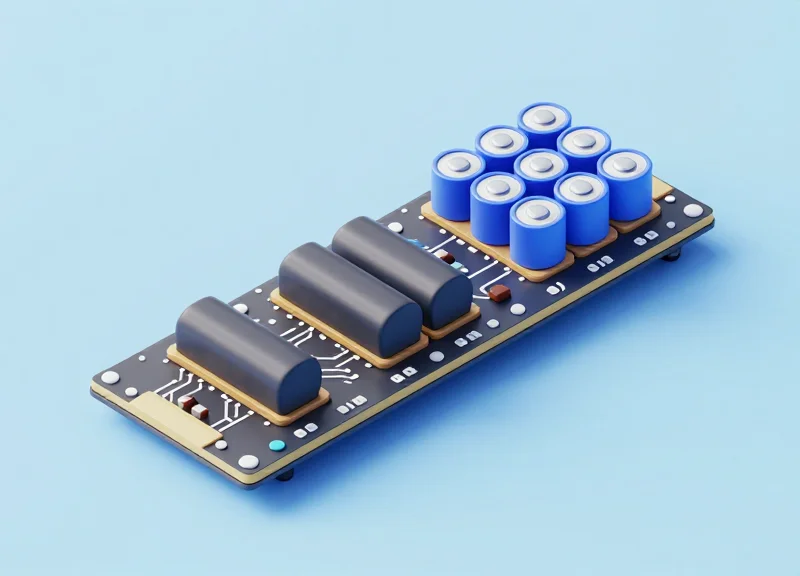 Isometric 3D model of a long-life battery unit and power-efficient circuit board for electronic labels.