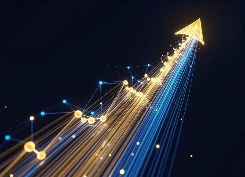 Abstract digital visualization of financial growth and ROI represented by upward-flowing glowing light trails.