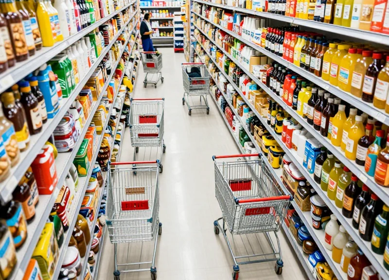 Busy supermarket aisle with many shopping carts and customers illustrating high traffic environment