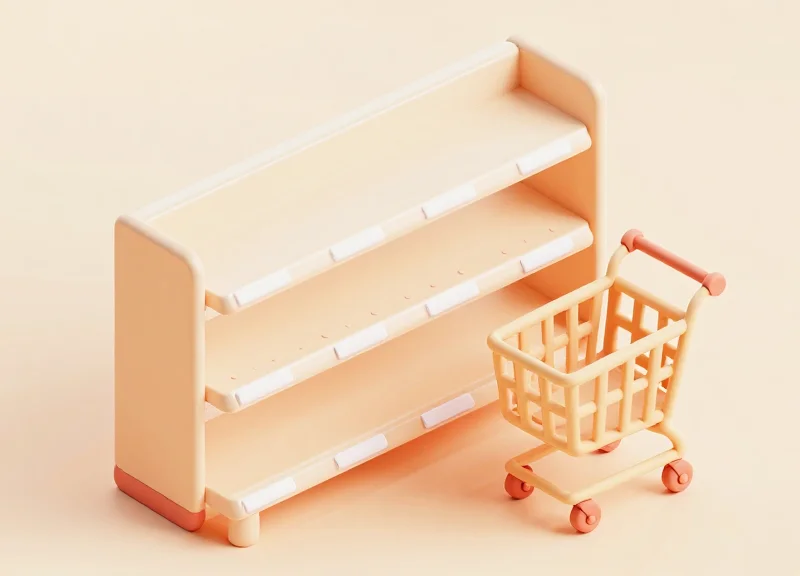 3D isometric model of a retail shelf with ultra-thin labels and a cart passing by safely