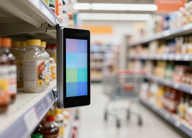 A close-up of an ultra-thin electronic shelf label mounted on a retail shelf edge, highlighting its slim profile within a modern supermarket aisle.