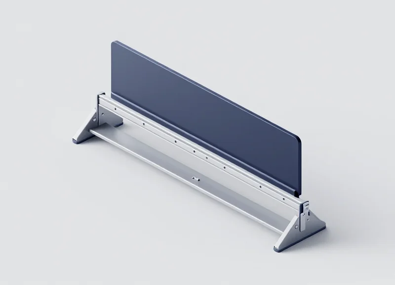 An isometric 3D visualization showing a modular 15mm shelf rail system with an ultra-thin electronic shelf label being perfectly integrated into the slim track.