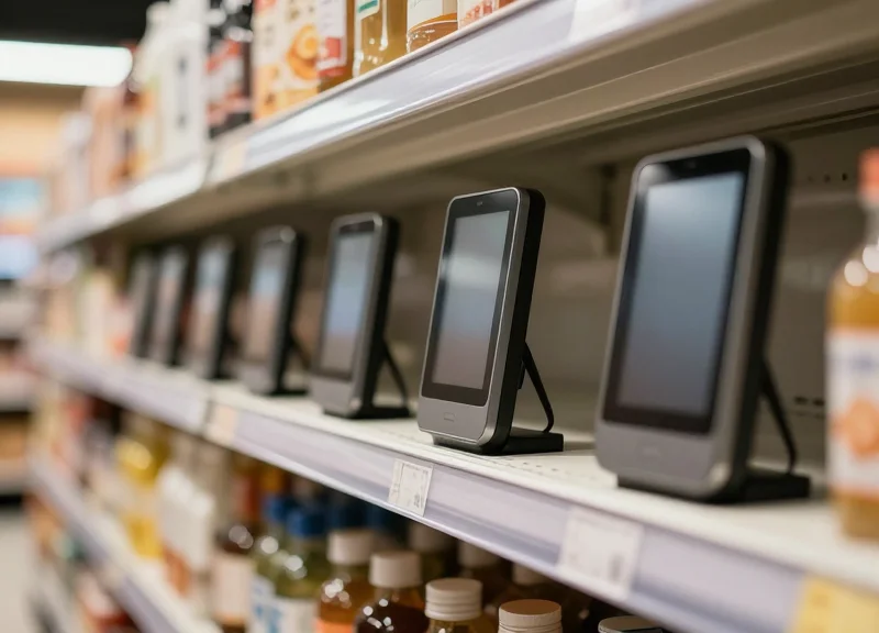 A modern grocery store shelf with sleek, ultra-thin electronic shelf labels showing vibrant blank screens in a high-end retail environment.