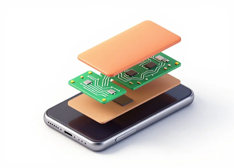 Isometric 3D view of the internal layers and micro-components of a next-generation slim electronic price tag.