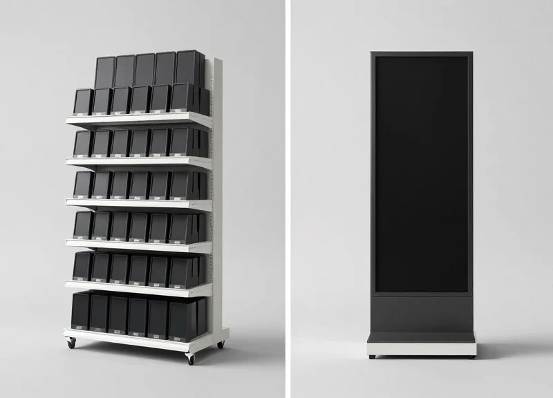 Side-by-side comparison showing a bulky old-fashioned digital tag on the left versus a modern ultra-slim price tag on the right.