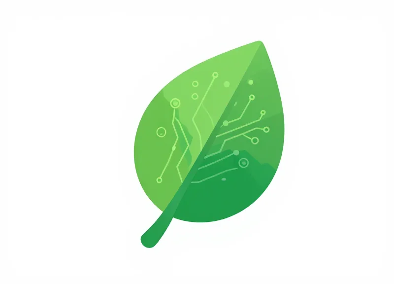 A flat vector illustration representing green energy and sustainable electronics with leaf and circuit motifs.