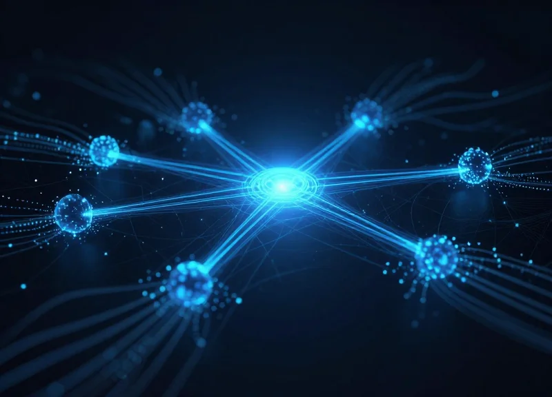 Abstract digital data flow with glowing blue nodes representing a connected retail network.