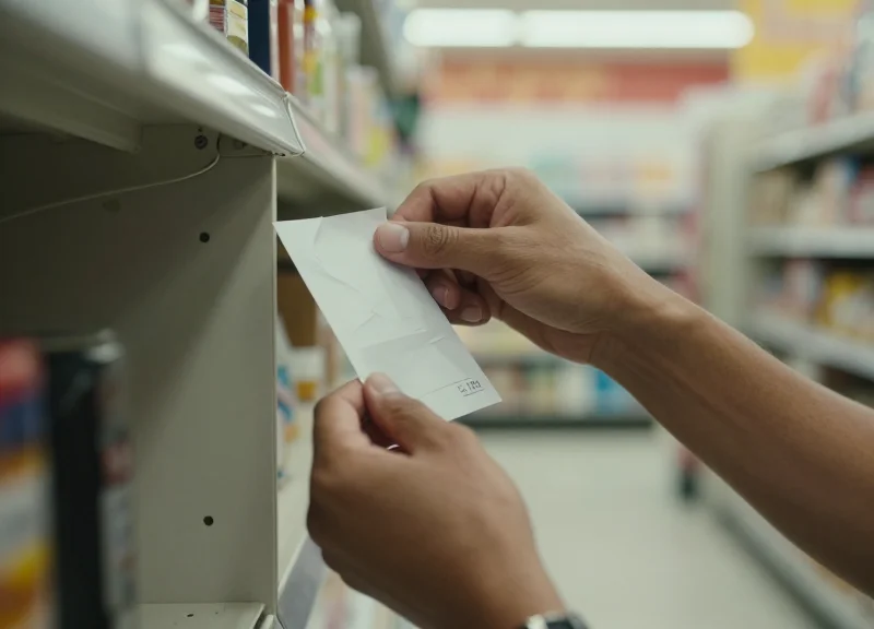 Retail worker struggling with a paper price tag on a round supermarket pillar