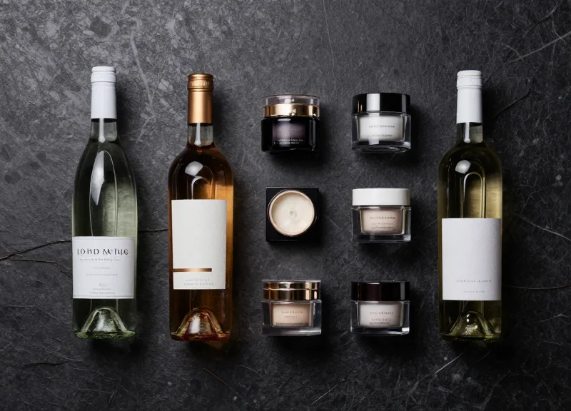 Professional arrangement of wine bottles and cosmetic products