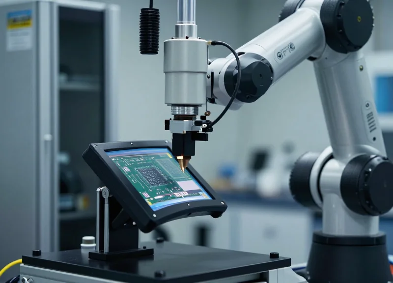 Professional laboratory setting showing automated durability testing of a curved display.