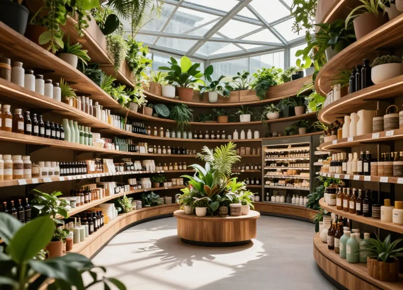 Futuristic luxury organic grocery store with curved wooden architectures and biophilic design elements.
