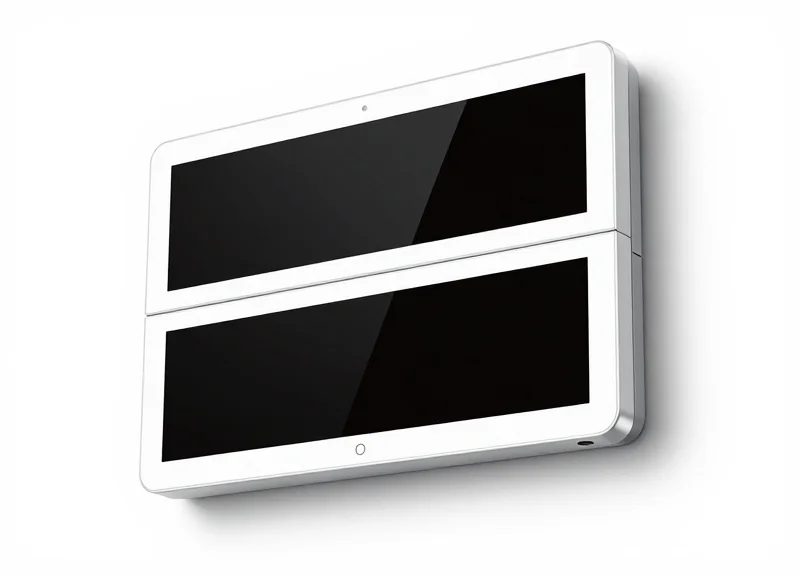 A close-up shot of a sleek double-sided electronic shelf label showing its dual-screen profile.