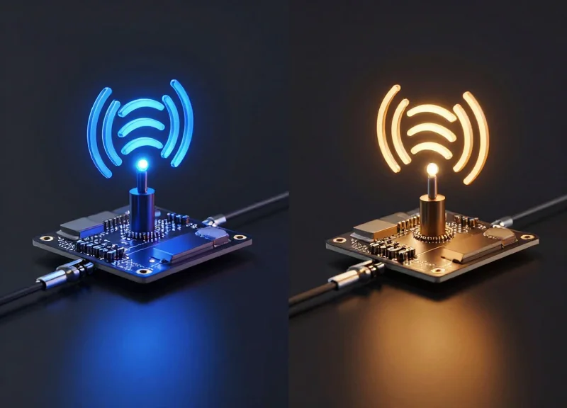 Side-by-side conceptual visualization of BLE 5.0 and Sub-GHz communication technologies.