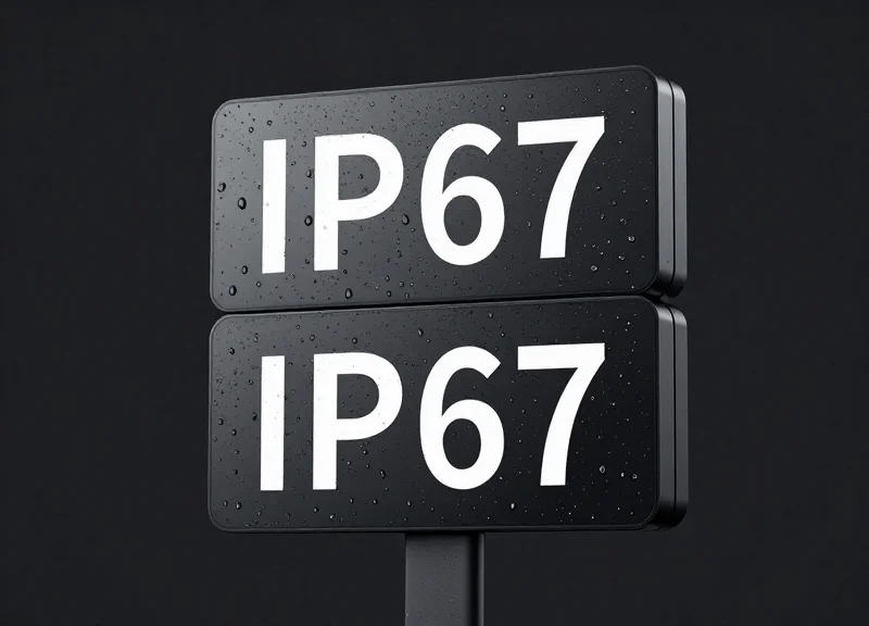 A double-sided electronic shelf label being tested for water resistance.
