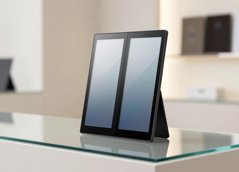 A modern, sleek double-sided electronic shelf label with a slim profile standing on a high-end transparent glass retail counter.