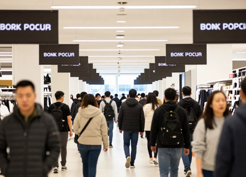 Shoppers walking in both directions down a busy retail aisle with hanging digital signs visible from both sides.