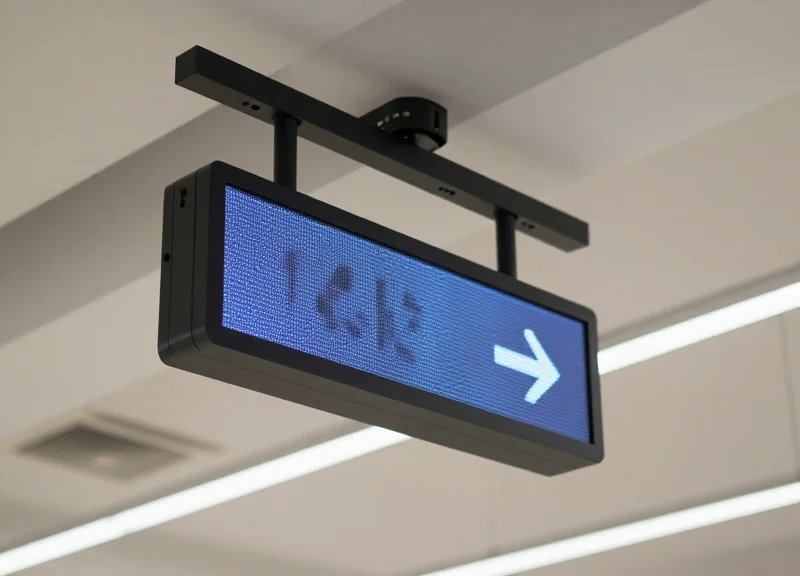 Close-up of a digital hanging sign at the entrance of a store aisle, showcasing its integration with the retail environment.