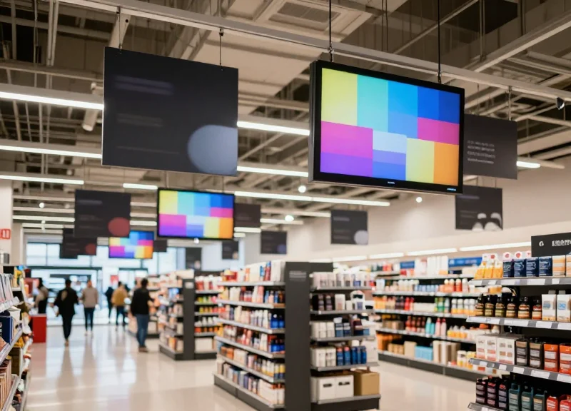 A modern, bright supermarket aisle featuring sleek, dual-sided electronic signage hanging from the ceiling above the product shelves.