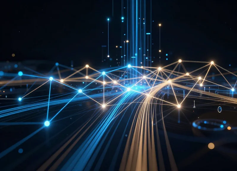 Abstract visualization of wireless low-power data syncing with glowing nodes