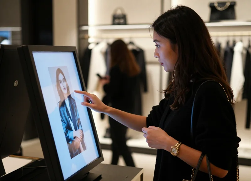A stylish customer in a boutique looking at a vibrant digital signage display.
