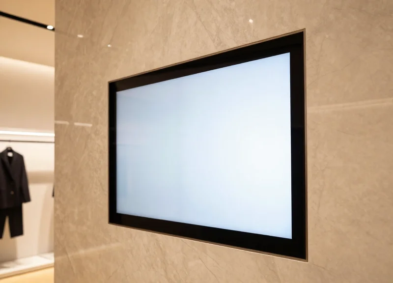 Close-up of a digital display harmoniously blended into a luxury retail interior.