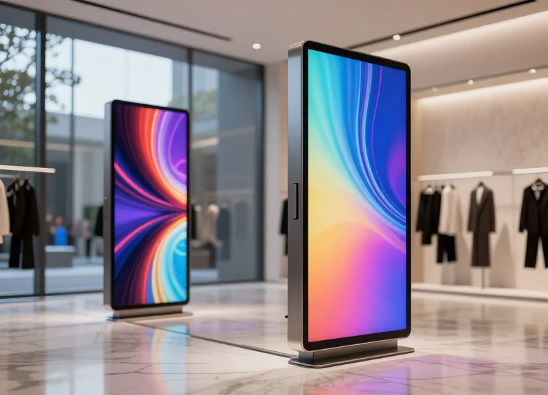 A high-end luxury boutique interior in 2026 featuring sleek, thin, double-sided digital display panels showcasing abstract glowing patterns, with a minimalist architectural design and cinematic lighting.