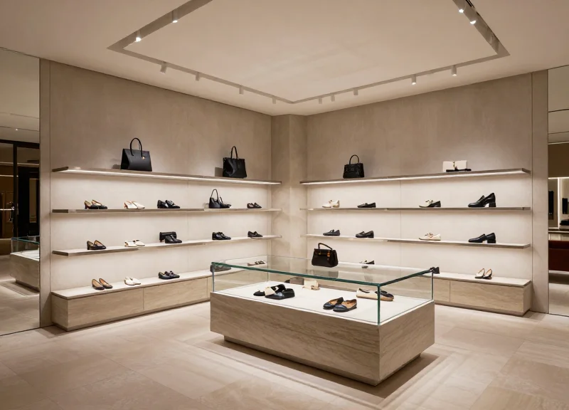 A wide-angle photorealistic shot of a modern luxury boutique interior with minimalist display shelves and elegant lighting.