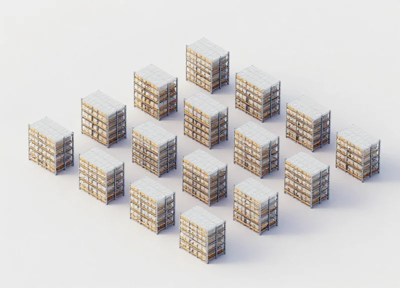 Isometric view of modular warehouse storage expanding to represent scalability