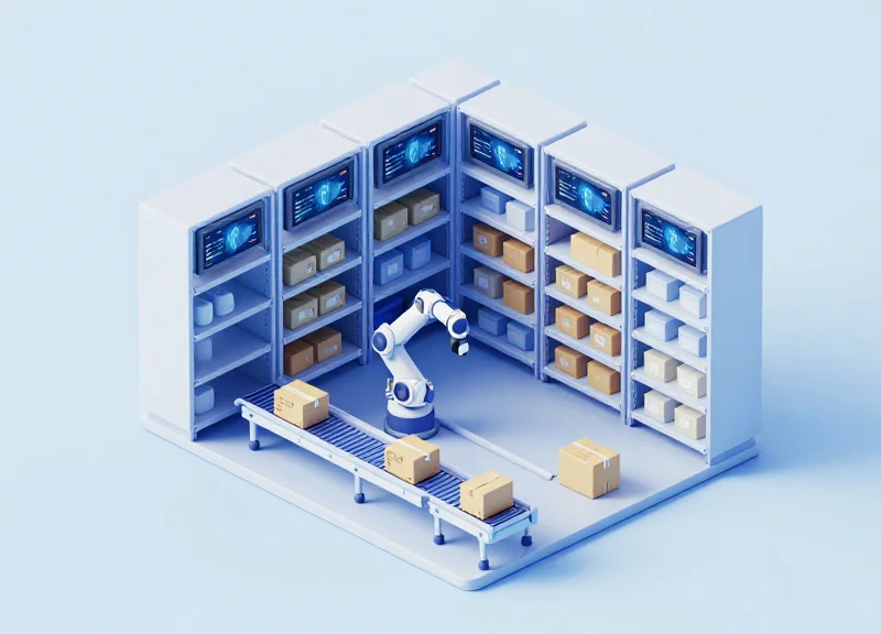 A modern isometric 3D visualization of a smart warehouse featuring robotic retrieval tracks, organized shelving units with digital labels, and automated fulfillment processes.