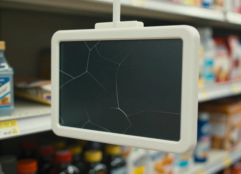 Close-up of a broken and hanging electronic shelf label in a busy retail environment showing damage.