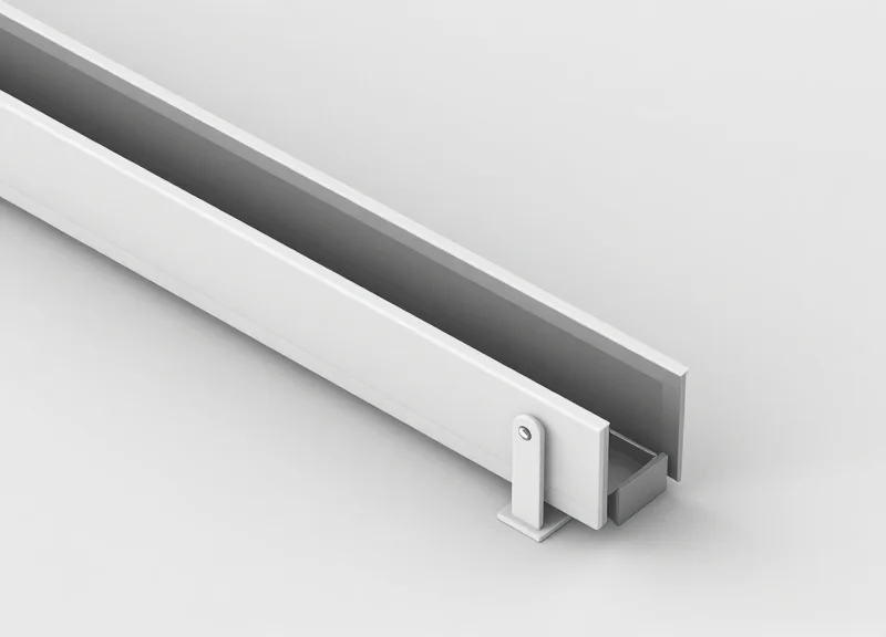 3D cross-section model of a recessed shelf rail system for electronic labels.