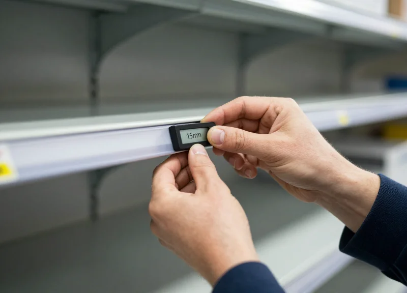 Close-up of hands installing an electronic shelf label into a recessed holder.