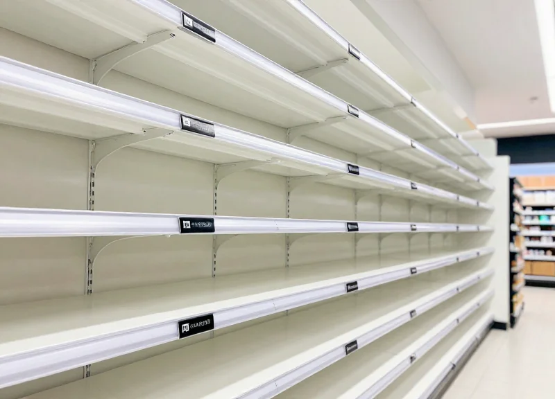 Wide shot of clean and modern retail shelves with integrated recessed electronic tags.
