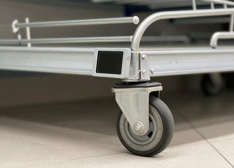 Close-up of a shopping cart wheel passing by a shelf with protected recessed labels.