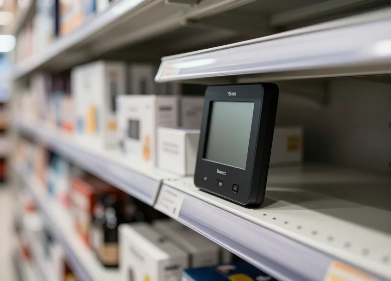 A close-up shot of a modern retail shelf edge featuring a recessed electronic shelf label integrated seamlessly into the frame with a flush finish.