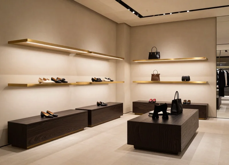 Luxury boutique interior with high-end product displays and clean architectural lines