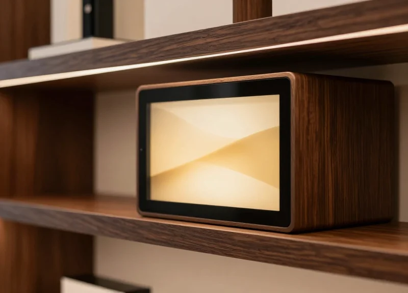 A close-up of a premium retail shelf with a seamlessly integrated, flush-mounted electronic display on the edge, showcasing a clean and minimalist luxury store design.