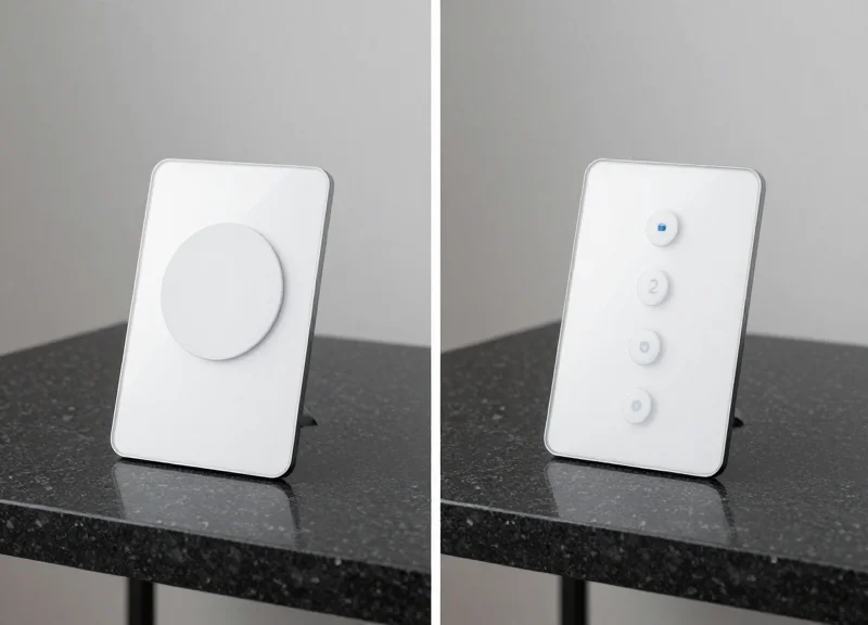 Side-by-side comparison of a 1-button ESL and a 3-button ESL on a dark professional surface.