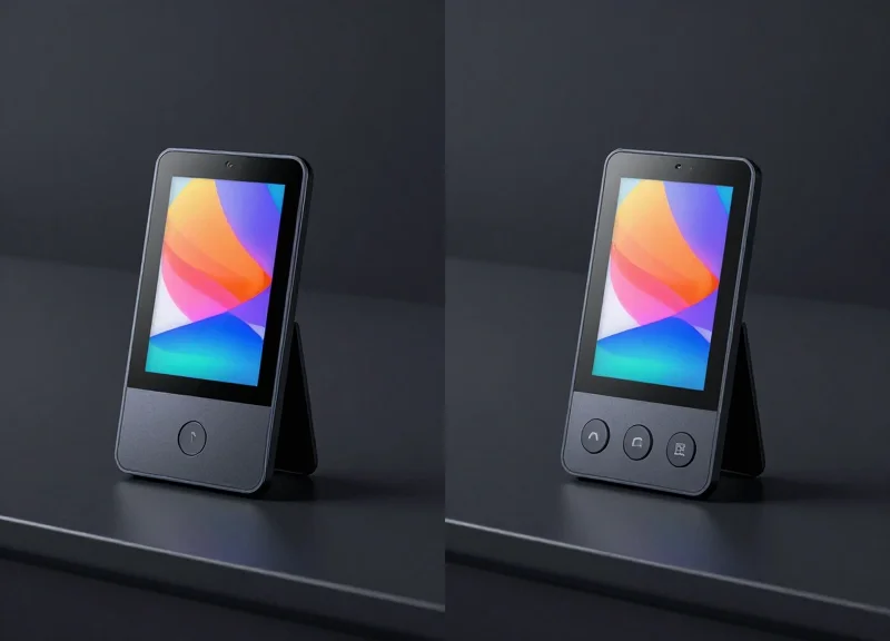 Side-by-side comparison of two modern electronic shelf labels with different button configurations on a sleek surface.